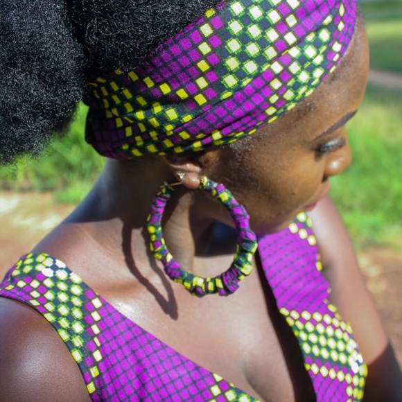 Purple African Ankara X-Large Round Hoop Earrings - Picture 3 of 3